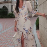 Women Chic Pink Floral Print Maxi Vestido Elegant V Neck Ruffle Trim Flare Sleeve Ruched High Chiffon Dress 2026 Party Outfit