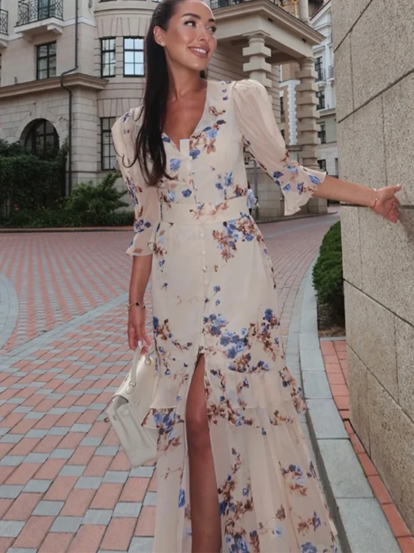 Women Chic Pink Floral Print Maxi Vestido Elegant V Neck Ruffle Trim Flare Sleeve Ruched High Chiffon Dress 2026 Party Outfit