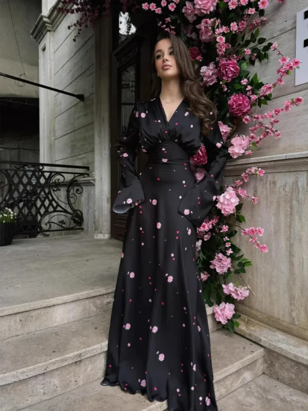Women Chic Pink Floral Print Maxi Vestido Elegant V Neck Ruffle Trim Flare Sleeve Ruched High Chiffon Dress 2026 Party Outfit