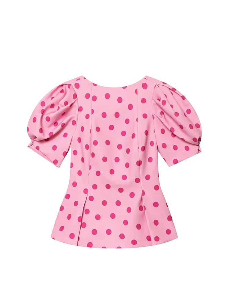 TFMLN Women's Sweet Blouse 2026 Street Chic O Neck Tee Female Summer Casual Vintage Polka Dot Puff Short Sleeve Tops New - Image 4