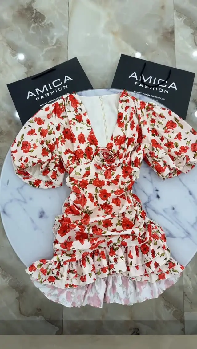 White Red Floral Ruched Puff Sleeve Mini Dress V-neck Ruffle Hem 3d Rose Dresses 2026 Summer Lady Party Sweet Date Vestidos New - Image 6
