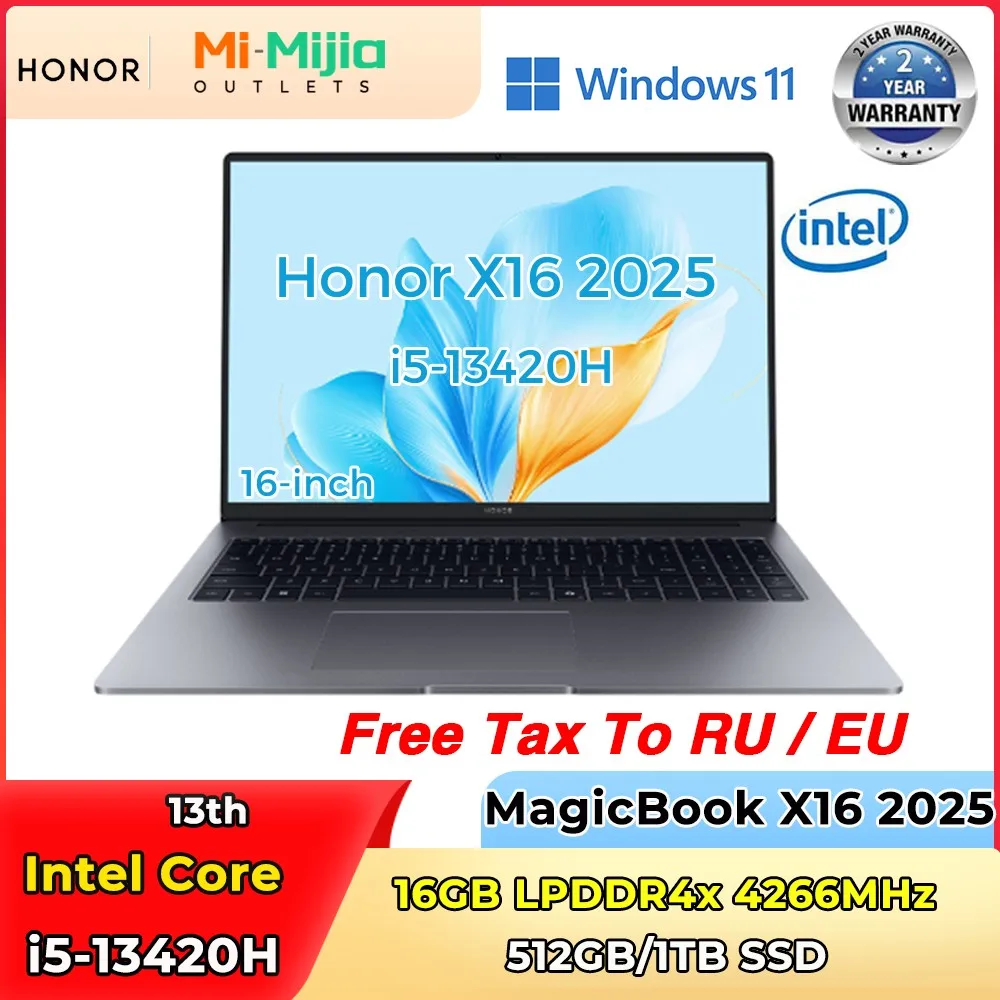 S1e3e56c66fbb4bb0bfd3292ae9038cb9r.webp New Honor Laptop X16 2025 13th Intel Core I5-13420H 16G 512G/1TB SSD 16-inch 60Hz IPS Screen Ultra-thin Laptop