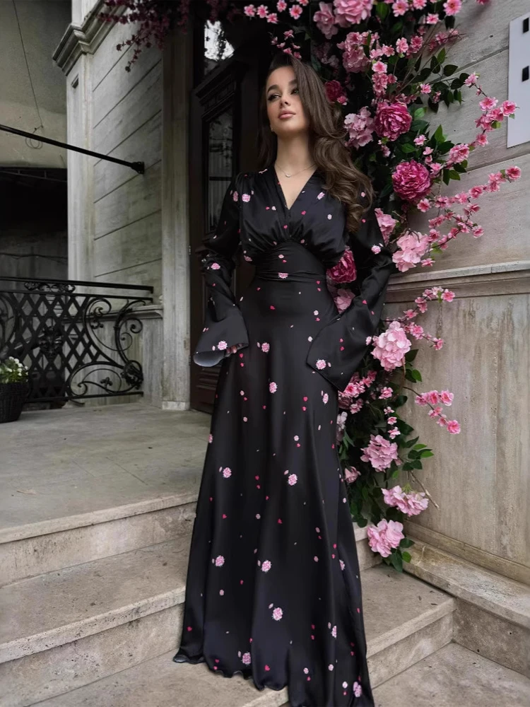 Organza Floral Printed Maxi Dress Women V Neck High Split Puff Sleeve Waist Cinching Ruffle Long Dresses Vacation Summer Outfits - Image 14