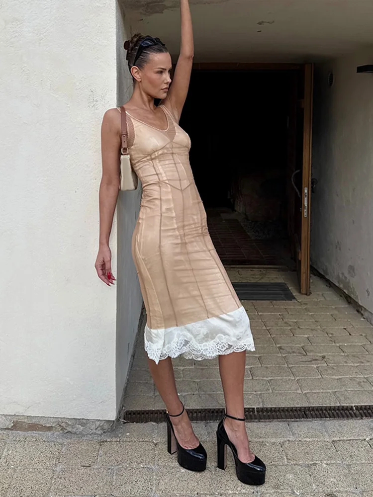 Mesh Overlay Lace Hem Slip Midi Dress Slim Spaghetti Strap Sheer 2026 Summer Elegant Women Bodycon Dress Retro Date Lady Gown - Image 6