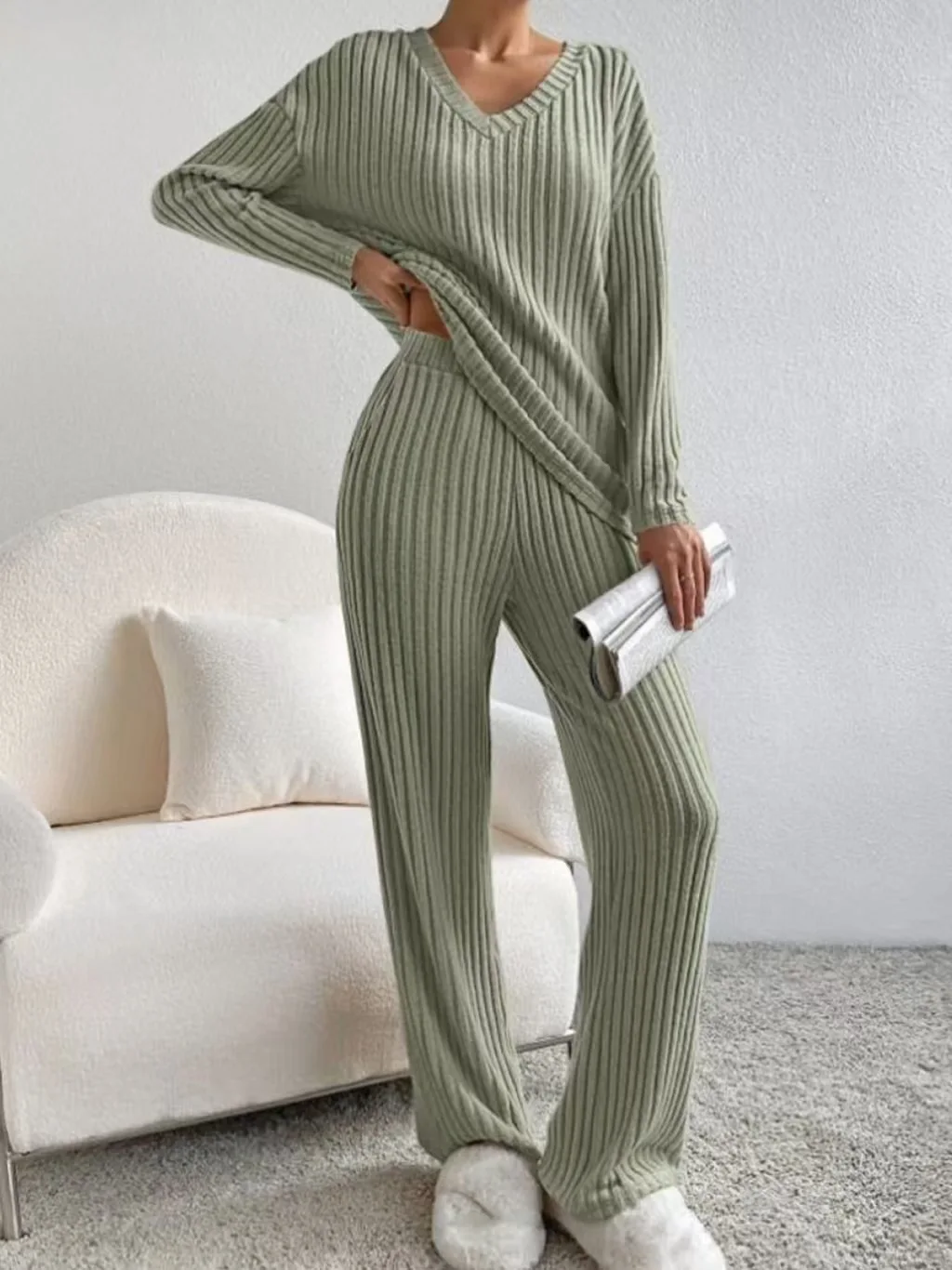 Fashionable Knitted Two-Piece Set Casual V-Neck Long Pants Autumn Winter New Style Loose Fit Korean Style Comfortable Polyester - Image 7