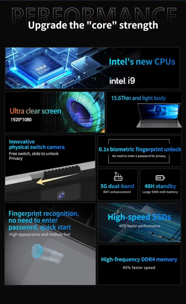 S22685e79a3644055b2e2ea1d8079ffc11.webp Windows 11 Pro 15.6" Ultra Slim Laptop intel Core i9-9900U 16GB RAM 1/2TB SSD Fingerprint Unlock Office game Backlight Laptop