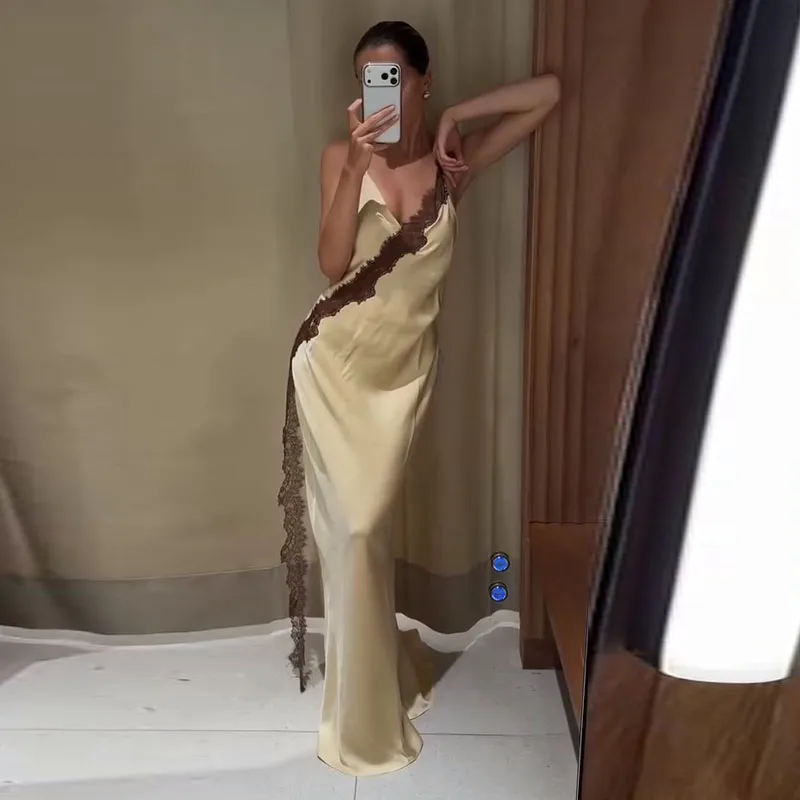 Elegant Lace Satin Spliced Women's Summer Dress Loose V-neck Sleeveless Backless Long Sundress 2026 Lady Chic Beach Party Robes - Image 11