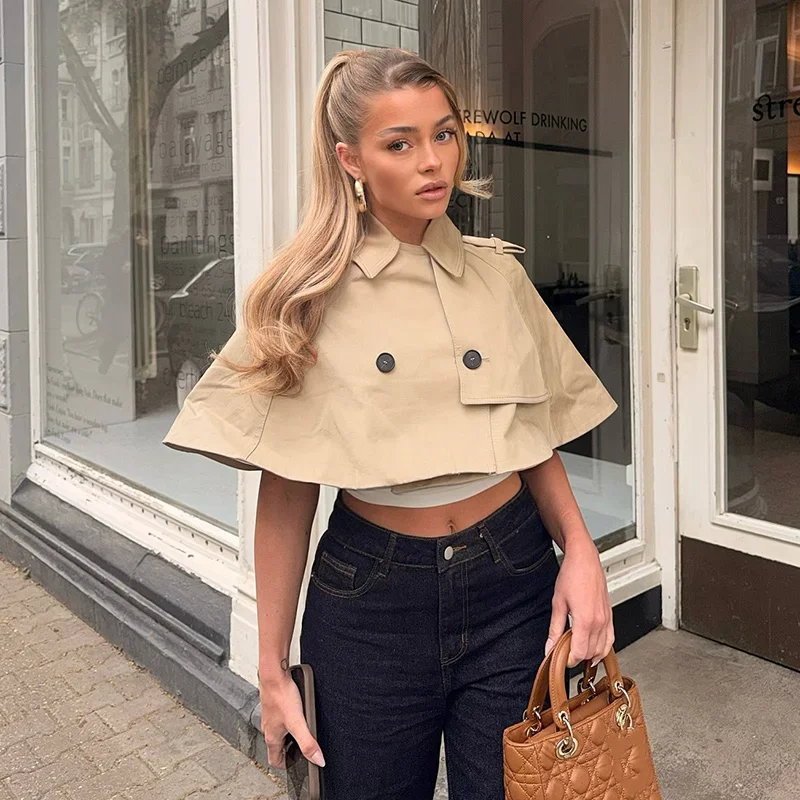 Casual Solid Women's Cope Turn-Down Collar Double Button Solid Lady Cloak 2026 Spring Summer Fashion Female Street Crop Tops New - Image 7