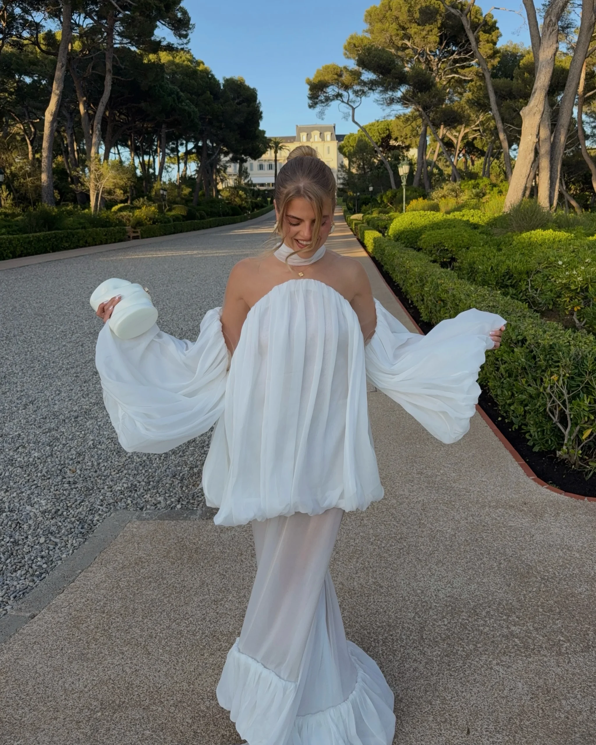 Trendy White Chiffon Off-shoulder Halter Maxi Dress Suit Chic Sheer Mesh Long Sleeve Flowy Vestidos 2026 New Formal Evening Gown - Image 7