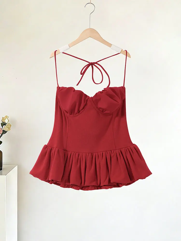 Fashion Red Ruffle Hem Sling Top Women's Sleeveless Lace Up Slim Blouse 2026 Summer New Lady Casual Beach Vacation Cami - Image 7