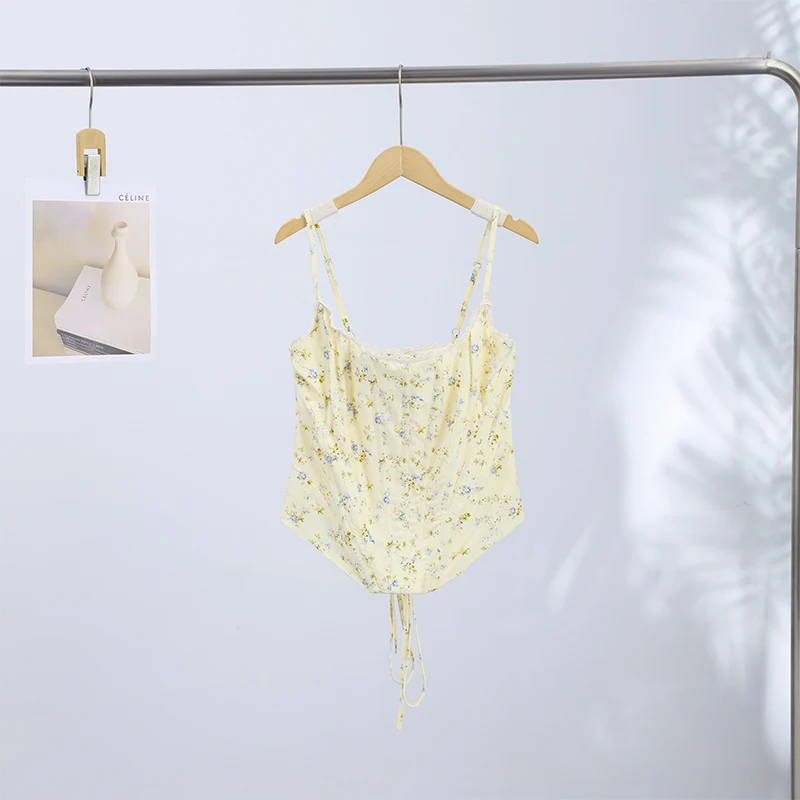 Floral Printed Fish-bone Tank Tops Women's Slim Sleeveless Back Lace-up Waist-cinching Blouses 2026 New Ladies Summer Outfit - Image 7