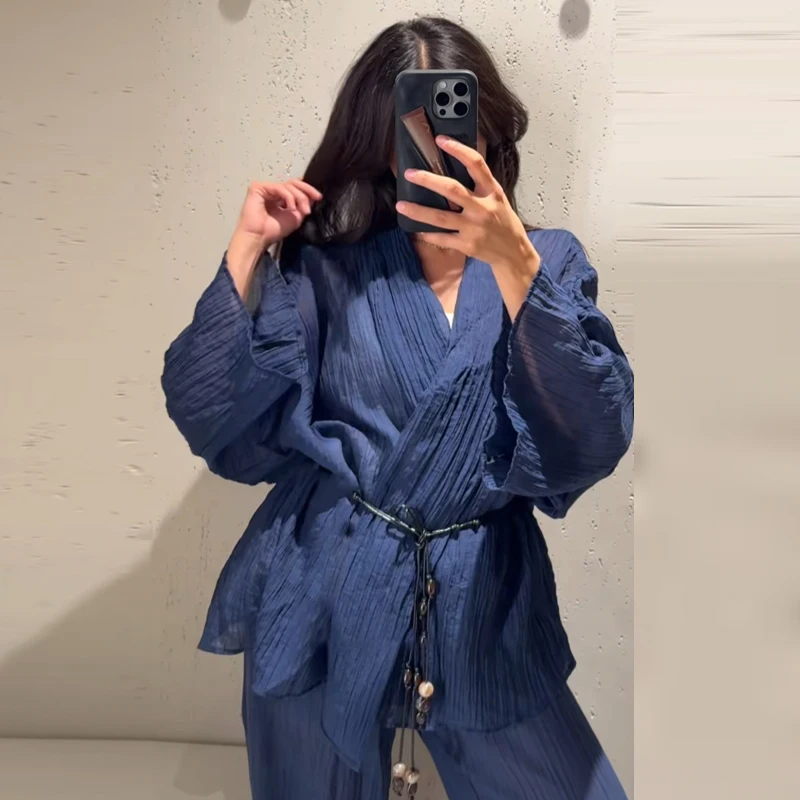 Sheer Striped V-Neck Wrap Loungewear Set with Belt Kimono Sleeve Wrap Wide-Leg Pants 2026 Summer Casual Women Loungewear Outfits - Image 11