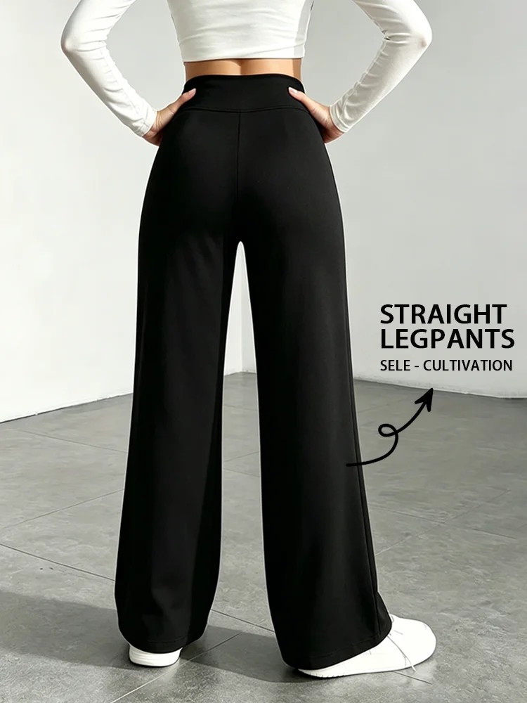 Lady's Black Cross-Waist Wide-Leg Pants, High-Waisted Abdominal-Reducing Casual Yoga Pants, Medium Stretch, Straight-Leg Style - Image 4