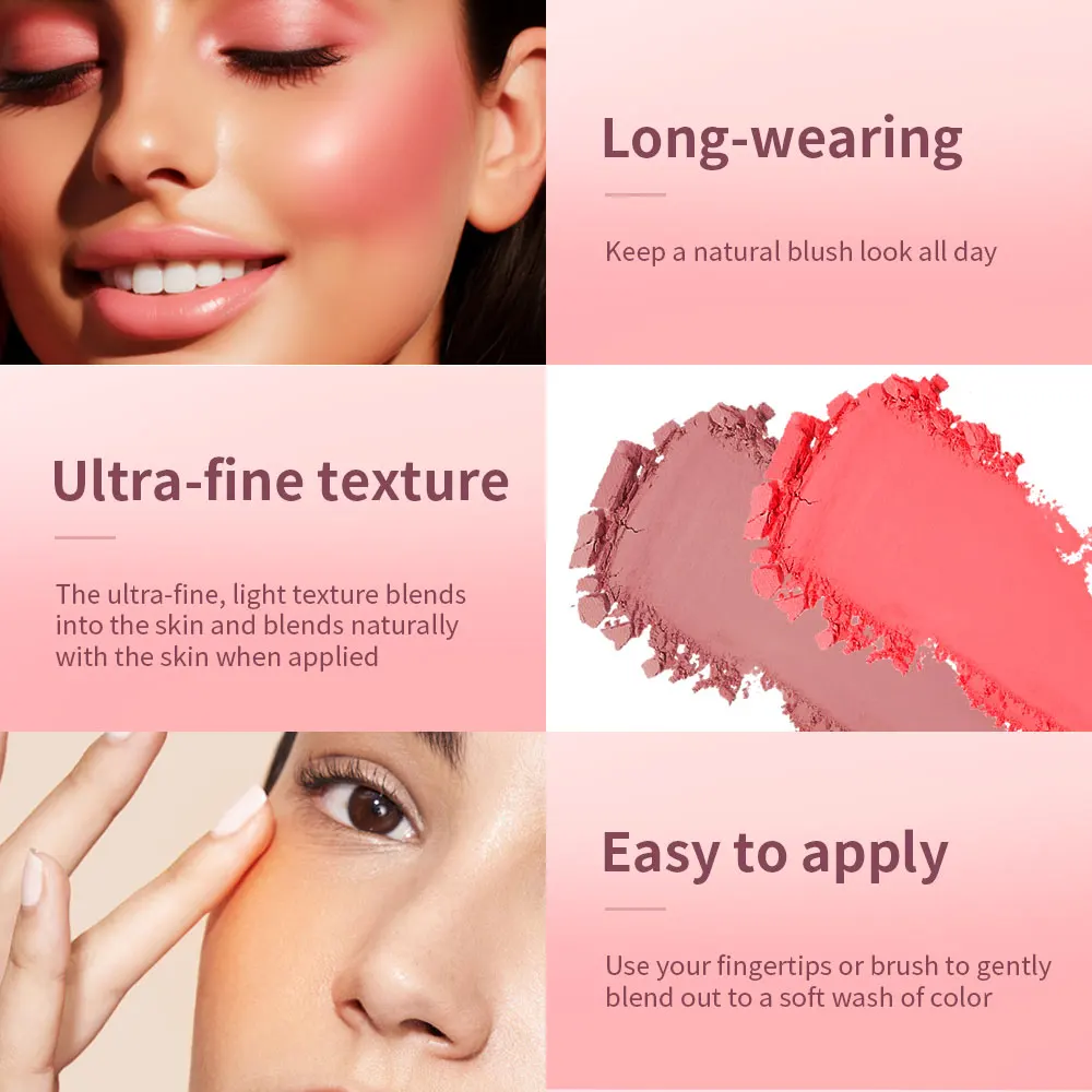 Matte Embossed Blush Palette High Pigmented Pink Coral Cheek Blush Powder With Professional Makeup Brush - Image 4