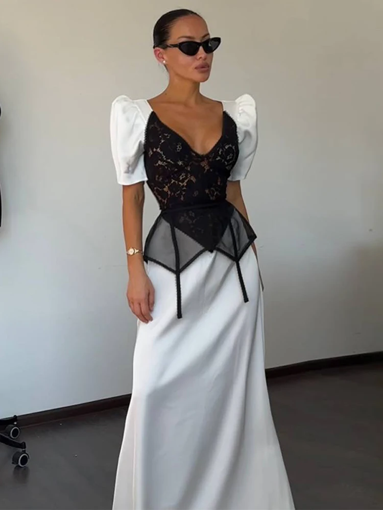 Lace Trim Satin Peplum Midi Dress Deep V-Neck Puff Sleeve A-Line 2026 Spring Summer Chic Elegant Romantic Women Cocktail Dress - Image 4