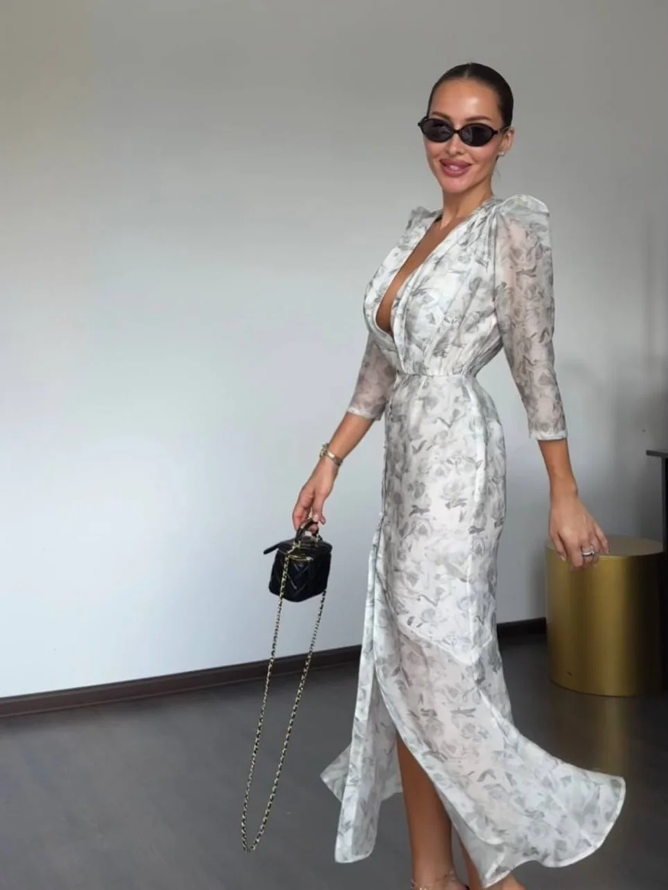 Lace Trim Satin Peplum Midi Dress Deep V-Neck Puff Sleeve A-Line 2026 Spring Summer Chic Elegant Romantic Women Cocktail Dress - Image 10