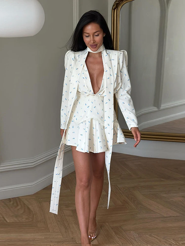 Elegant Printed Women's Dress Long Sleeve V-Neck Lady Mini Dresses With Waist-Tape 2026 Summer Chic Female Vacation Holiday Robe - Image 5