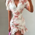 S347d88a6c0604defa88ae05263af5a649.webp White Red Floral Ruched Puff Sleeve Mini Dress V-neck Ruffle Hem 3d Rose Dresses 2026 Summer Lady Party Sweet Date Vestidos New
