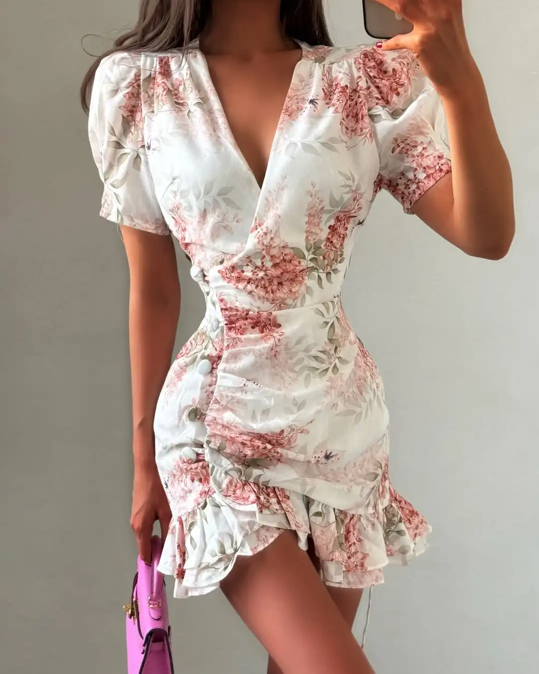 White Red Floral Ruched Puff Sleeve Mini Dress V-neck Ruffle Hem 3d Rose Dresses 2026 Summer Lady Party Sweet Date Vestidos New - Image 16