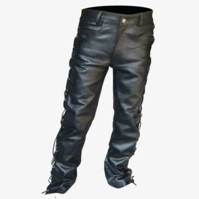 Men's Black Thick Leather Side Laces Up Jeans Style Long Pant Motorcycle Leather Trousers Leather Motorcycle Pants - Image 5