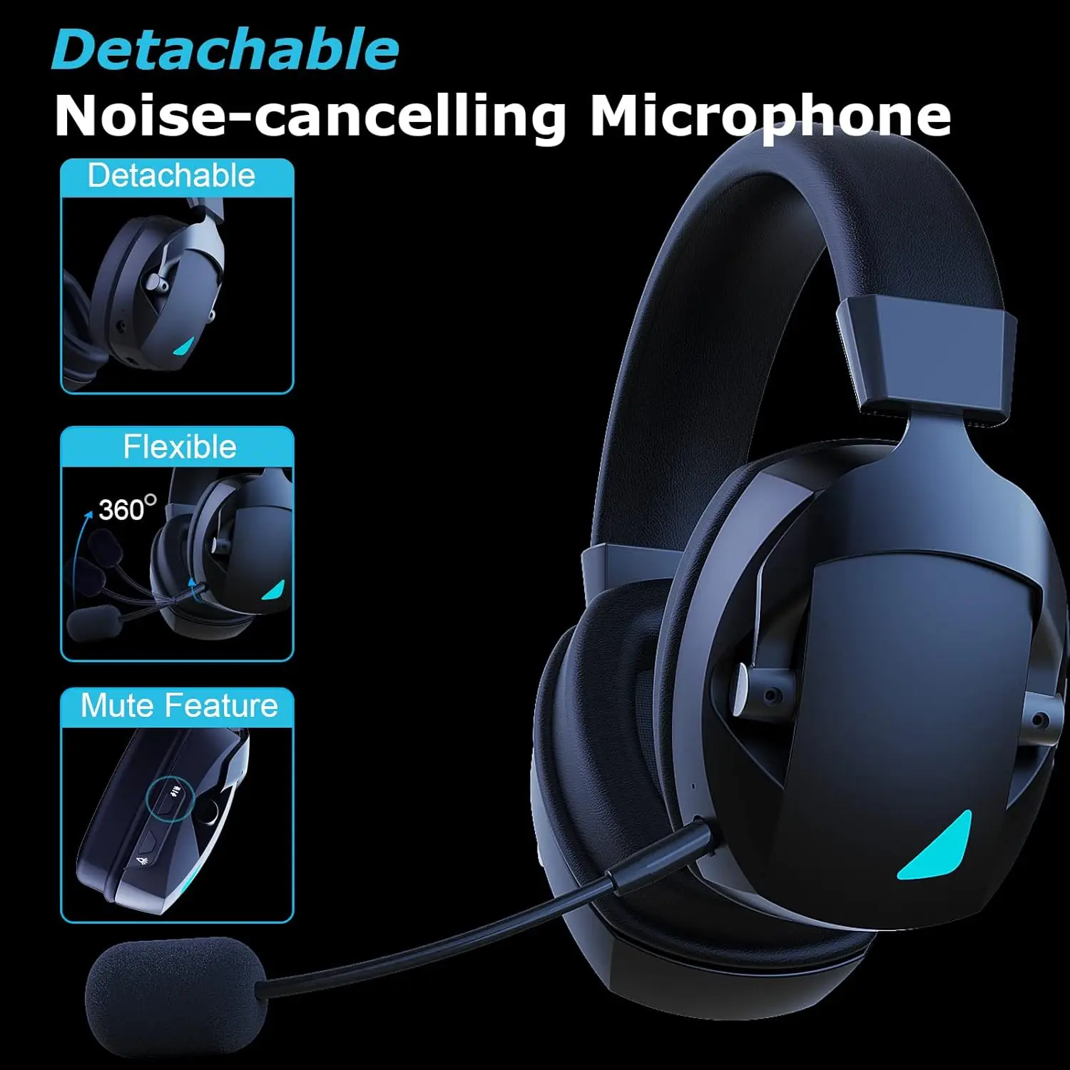 Gaming Headset with Detachable Noise Cancelling Microphone,2.4G Bluetooth-USB-3.5mm Wired Jack 3 Modes for Multi-device - Image 5