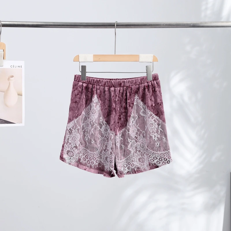 Green Velvet Lace Trim Shorts Women's Casual High-waist Straight Short Pants 2026 New Ladies Summer Vacation Beach Outfit - Image 8