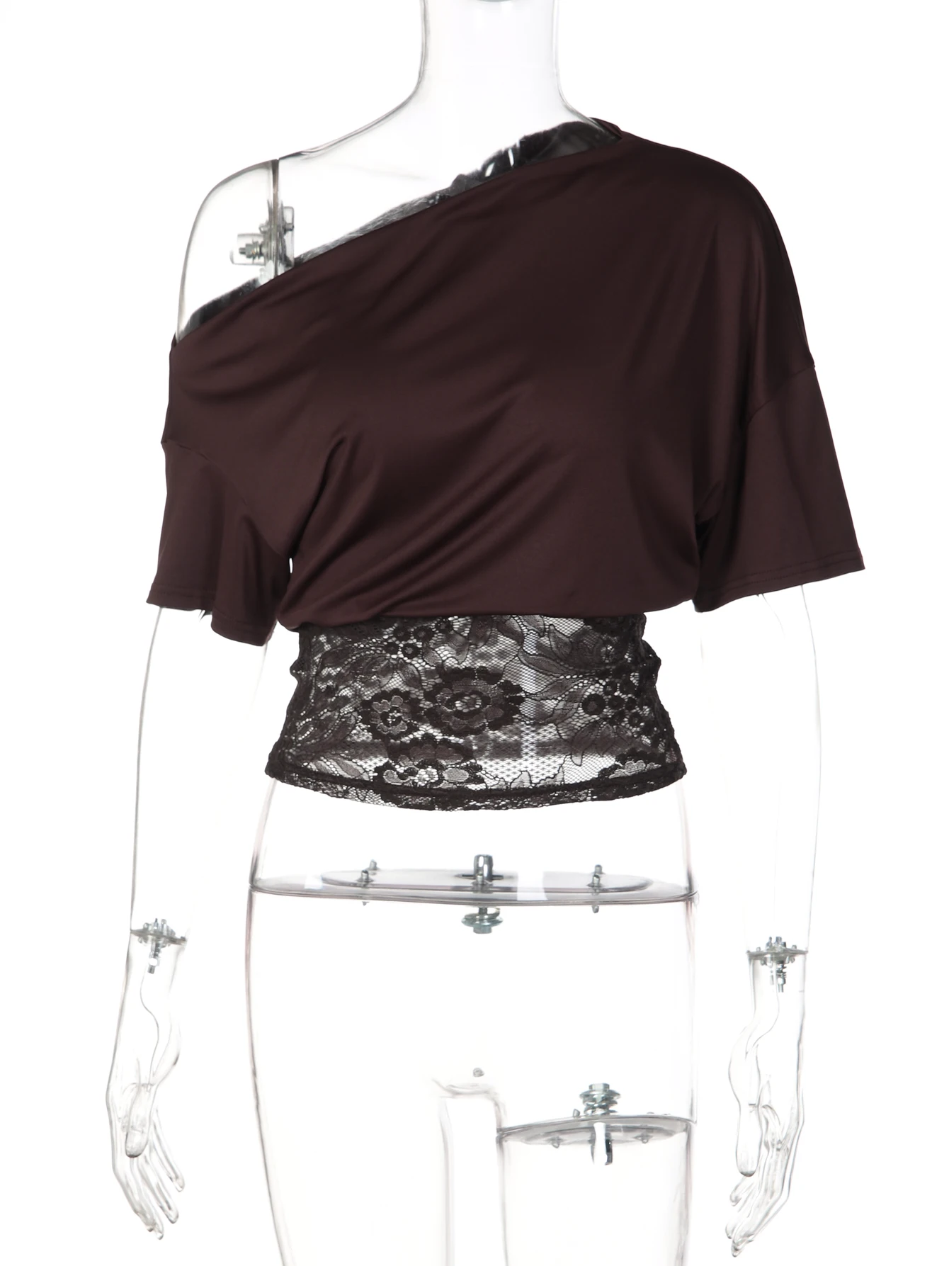 Dulzura Inclined Shoulder Short Sleeve Slim Lace Patchwork T-Shirt Women'S Vintage Sexy Casual Y2K Top Party Club Summer Clothes - Image 6