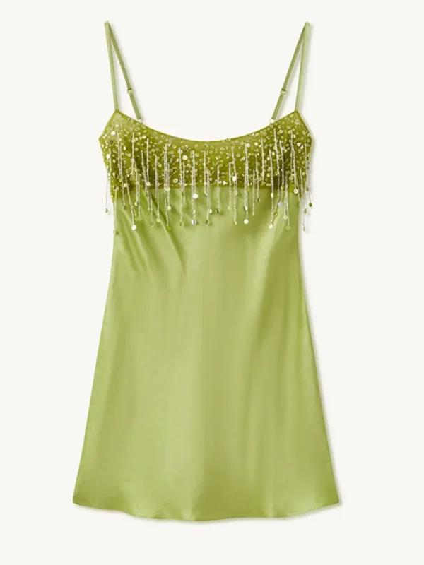 S38d577a47c2a4bb68b1ba7e999f57ba48.webp Chic High End Sequin Tassel Satin Dress Women's Elegant Straps Low Neck Mini Vistidos 2026 Stylish Back Zipper Beach Party Gown