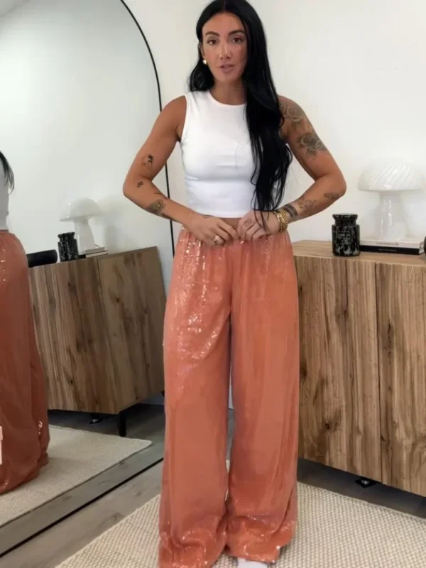 S39370c51558243438b932b7c3bf739dca.webp Chic Sequined Women's Trouser Mid-Waist Lace Up Lady Straight Mop Pants 2026 Summer Autumn Fashion Female Bottoms Vacation