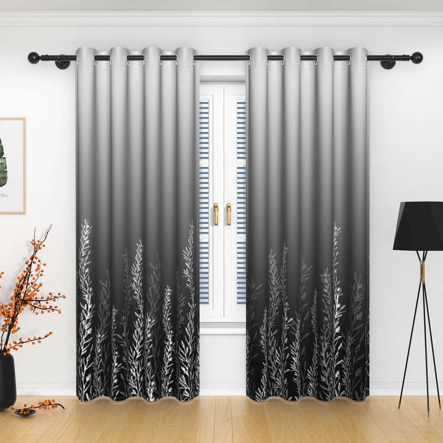 2pcs/set Solid Color Gradient Window curtains Bottom Leaf Print Thermal Insulated Polyester Bedroom Living Room Blackout Curtain - Image 10