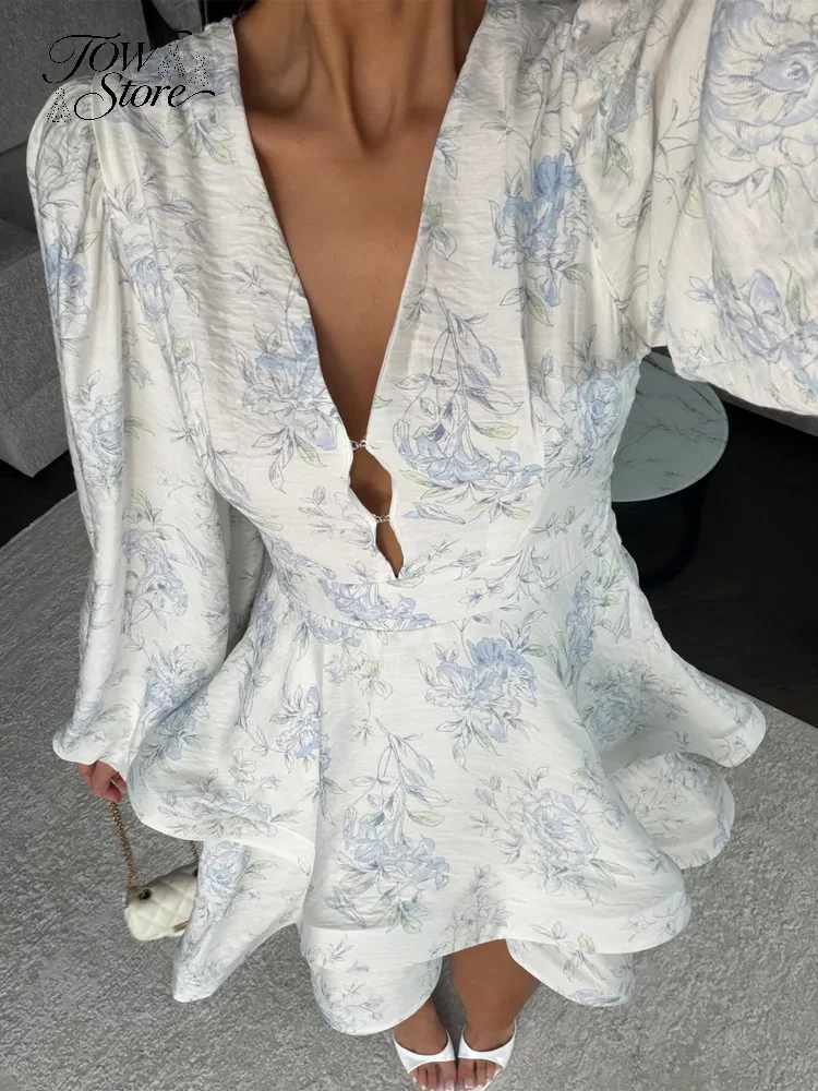 Elegant Floral Printed Waist-cinched Mini Dress Women Pleated Deep V-neck Long Sleeve Button-front Dresses Fashion Party Robe - Image 2