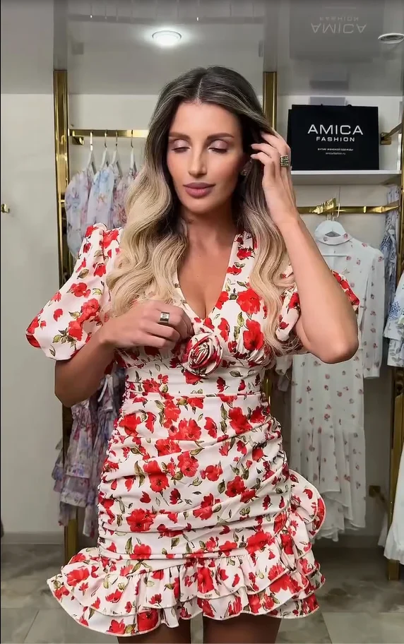S3b8ddfa9a80142a88ac9ba7b828c16a52.webp White Red Floral Ruched Puff Sleeve Mini Dress V-neck Ruffle Hem 3d Rose Dresses 2026 Summer Lady Party Sweet Date Vestidos New