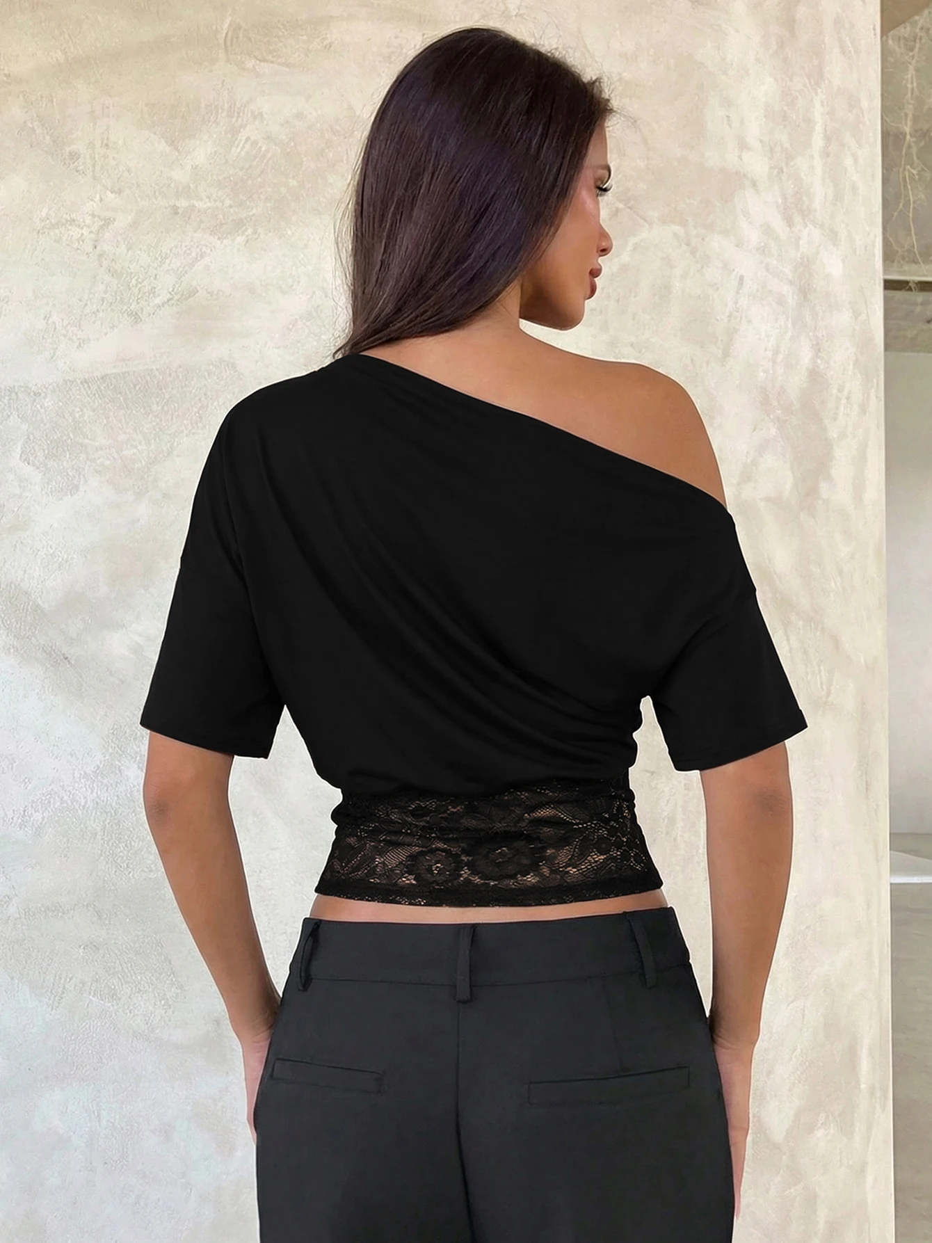 Dulzura Inclined Shoulder Short Sleeve Slim Lace Patchwork T-Shirt Women'S Vintage Sexy Casual Y2K Top Party Club Summer Clothes - Image 5