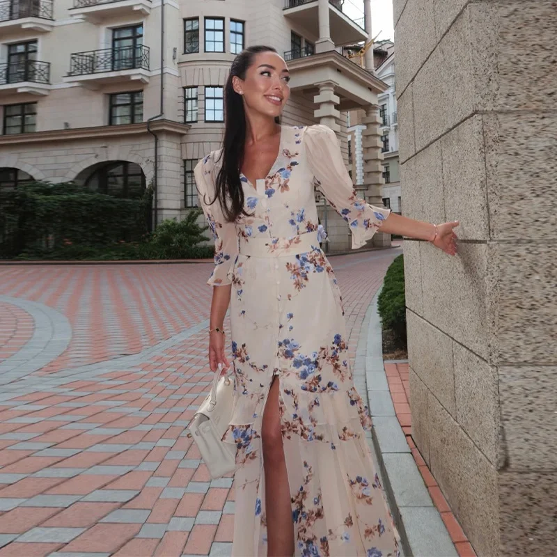 Organza Floral Printed Maxi Dress Women V Neck High Split Puff Sleeve Waist Cinching Ruffle Long Dresses Vacation Summer Outfits - Image 8