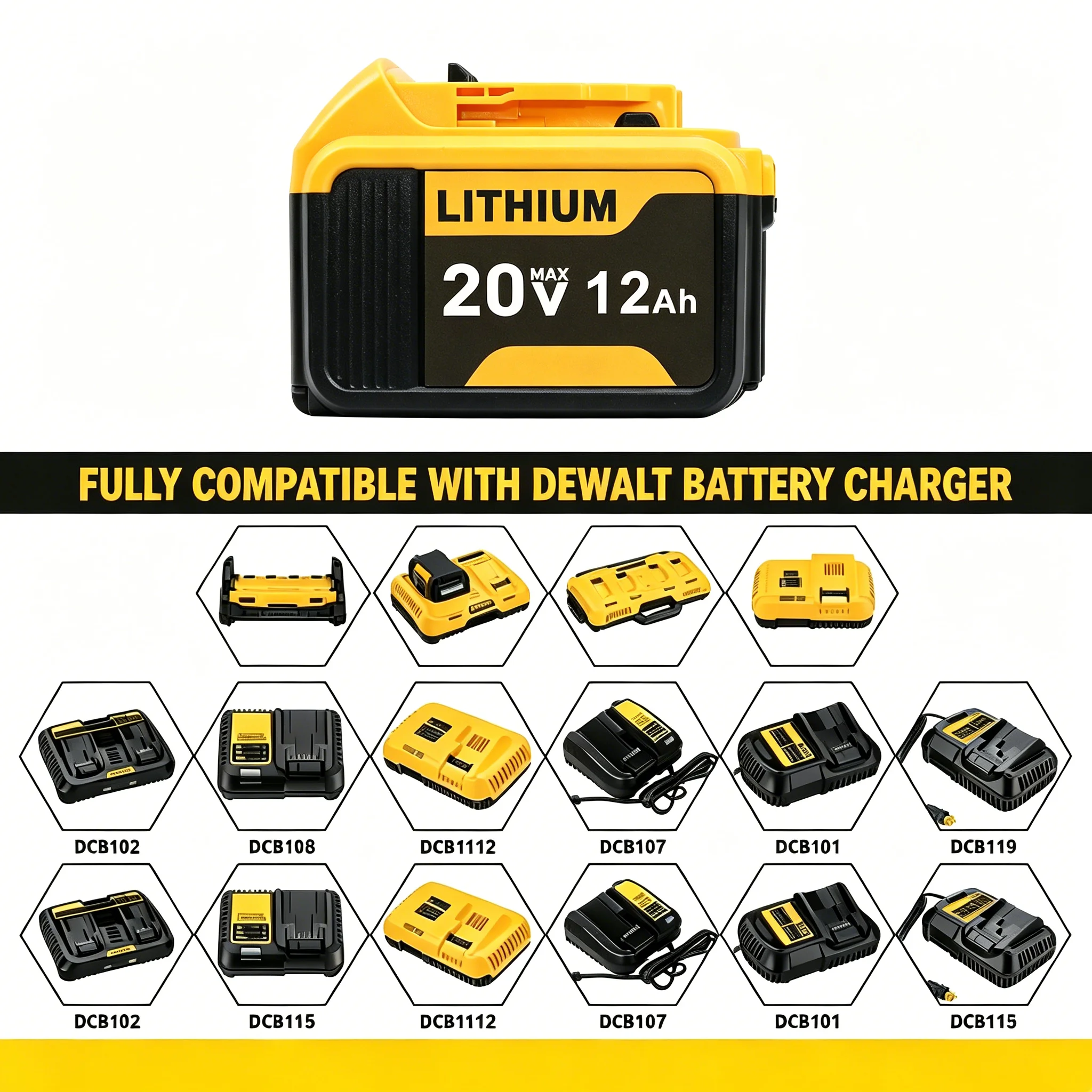 20V 12.0Ah Battery Replacement for Dewalt 20V MAX Lithium ion DCB200 DCB204 DCB205 DCB206 DCB612 Cordless Power Tool - 1/2/4 Pack Options - Image 4