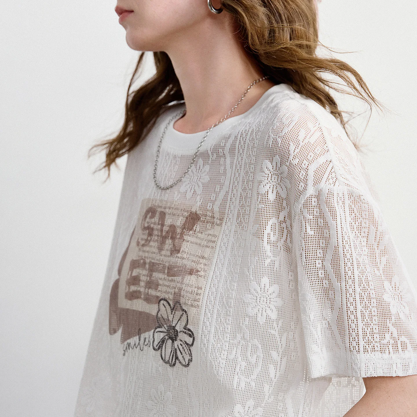 TOYOUTH Women Lace Sheer T-Shirt 2026 Summer New Letter Flower Print Loose Drop Shoulder Fashion Pullover Tops - Image 4