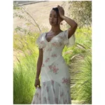 Women Chic Pink Floral Print Maxi Vestido Elegant V Neck Ruffle Trim Flare Sleeve Ruched High Chiffon Dress 2026 Party Outfit