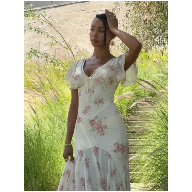 Women Chic Pink Floral Print Maxi Vestido Elegant V Neck Ruffle Trim Flare Sleeve Ruched High Chiffon Dress 2026 Party Outfit