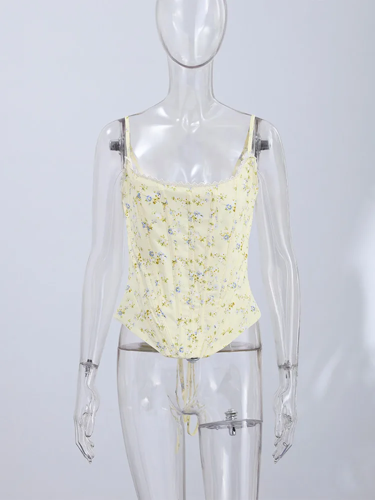Floral Printed Fish-bone Tank Tops Women's Slim Sleeveless Back Lace-up Waist-cinching Blouses 2026 New Ladies Summer Outfit - Image 5