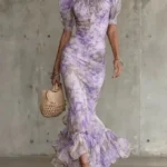 Women Chic Pink Floral Print Maxi Vestido Elegant V Neck Ruffle Trim Flare Sleeve Ruched High Chiffon Dress 2026 Party Outfit