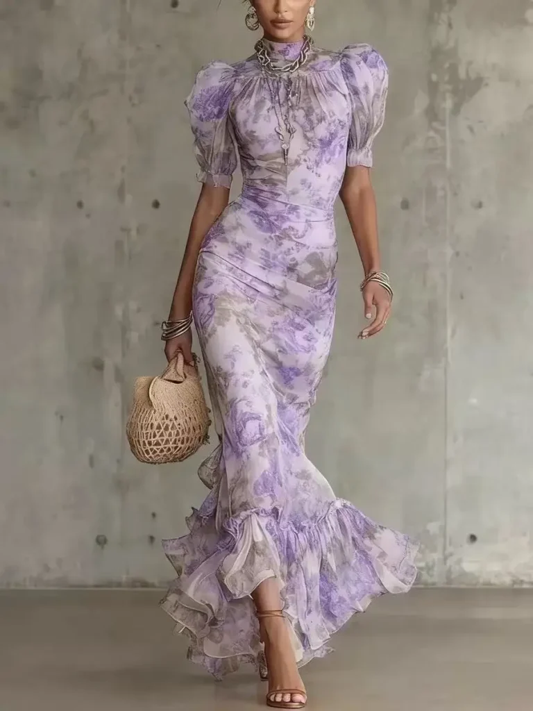 Women Chic Pink Floral Print Maxi Vestido Elegant V Neck Ruffle Trim Flare Sleeve Ruched High Chiffon Dress 2026 Party Outfit