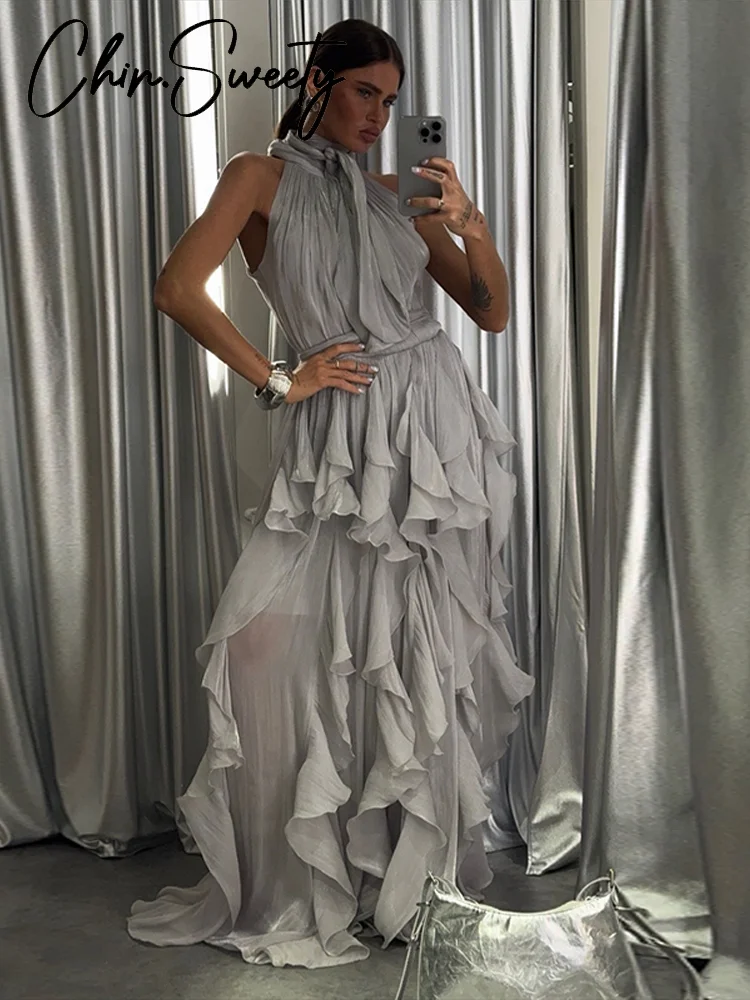 Sexy Cascading Ruffle Pleated Women Long Dress Fashion Lace Up Sleeveless Empire Female Dresses 2026 Spring Summer Lady Robe New - Image 6