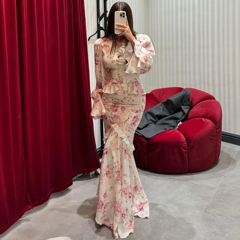 Lace Trim Satin Peplum Midi Dress Deep V-Neck Puff Sleeve A-Line 2026 Spring Summer Chic Elegant Romantic Women Cocktail Dress - Image 8