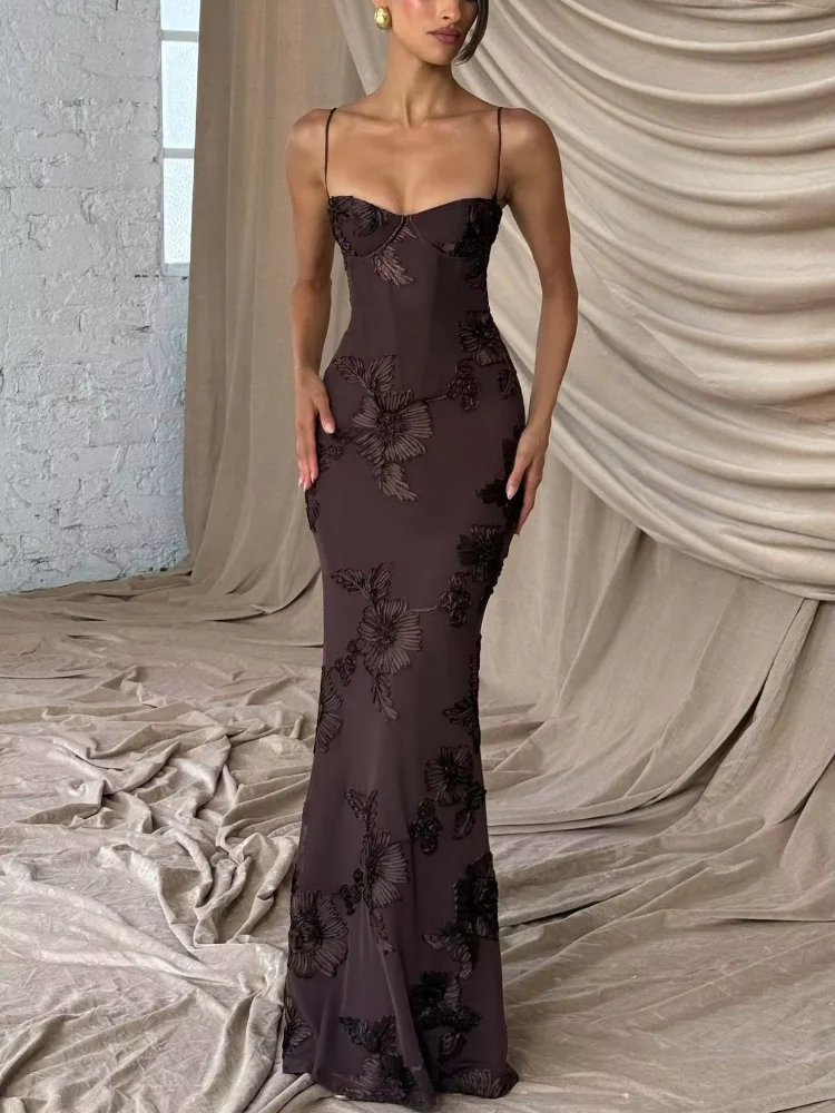 Elegant Women 3d Embroidery Floral Long Dress Women Backless Cross Tied Spaghetti Strap Robe Slim Floor Length Evening Dresses - Image 2