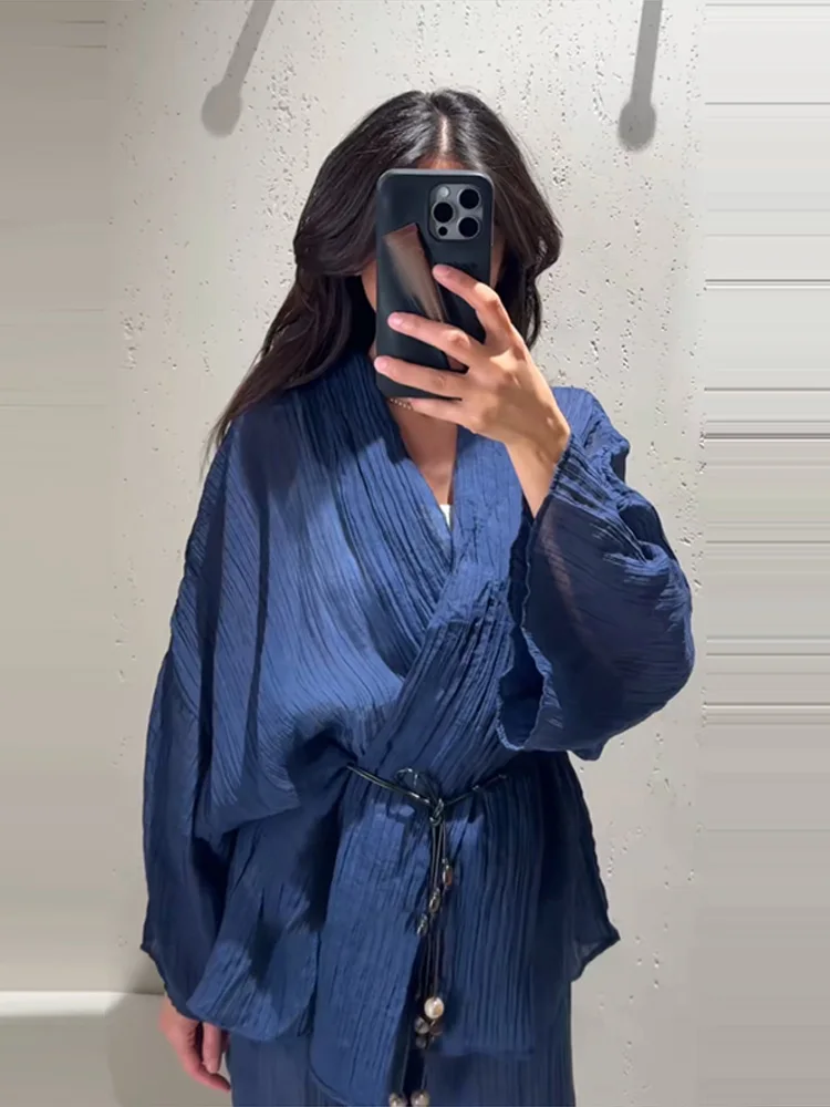 Sheer Striped V-Neck Wrap Loungewear Set with Belt Kimono Sleeve Wrap Wide-Leg Pants 2026 Summer Casual Women Loungewear Outfits - Image 3