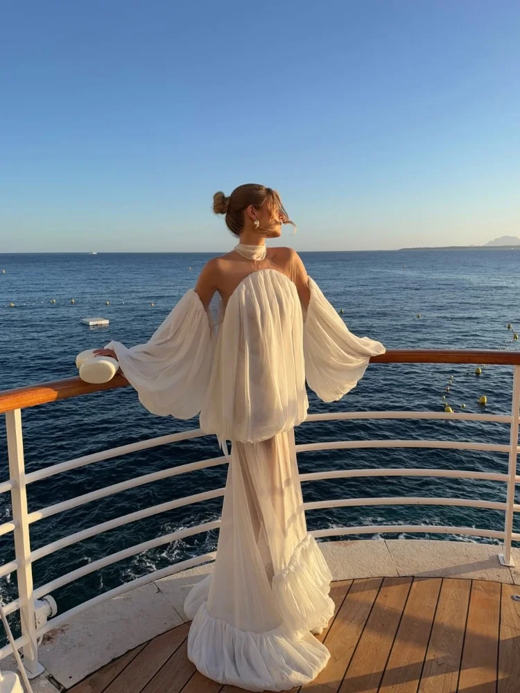 Trendy White Chiffon Off-shoulder Halter Maxi Dress Suit Chic Sheer Mesh Long Sleeve Flowy Vestidos 2026 New Formal Evening Gown
