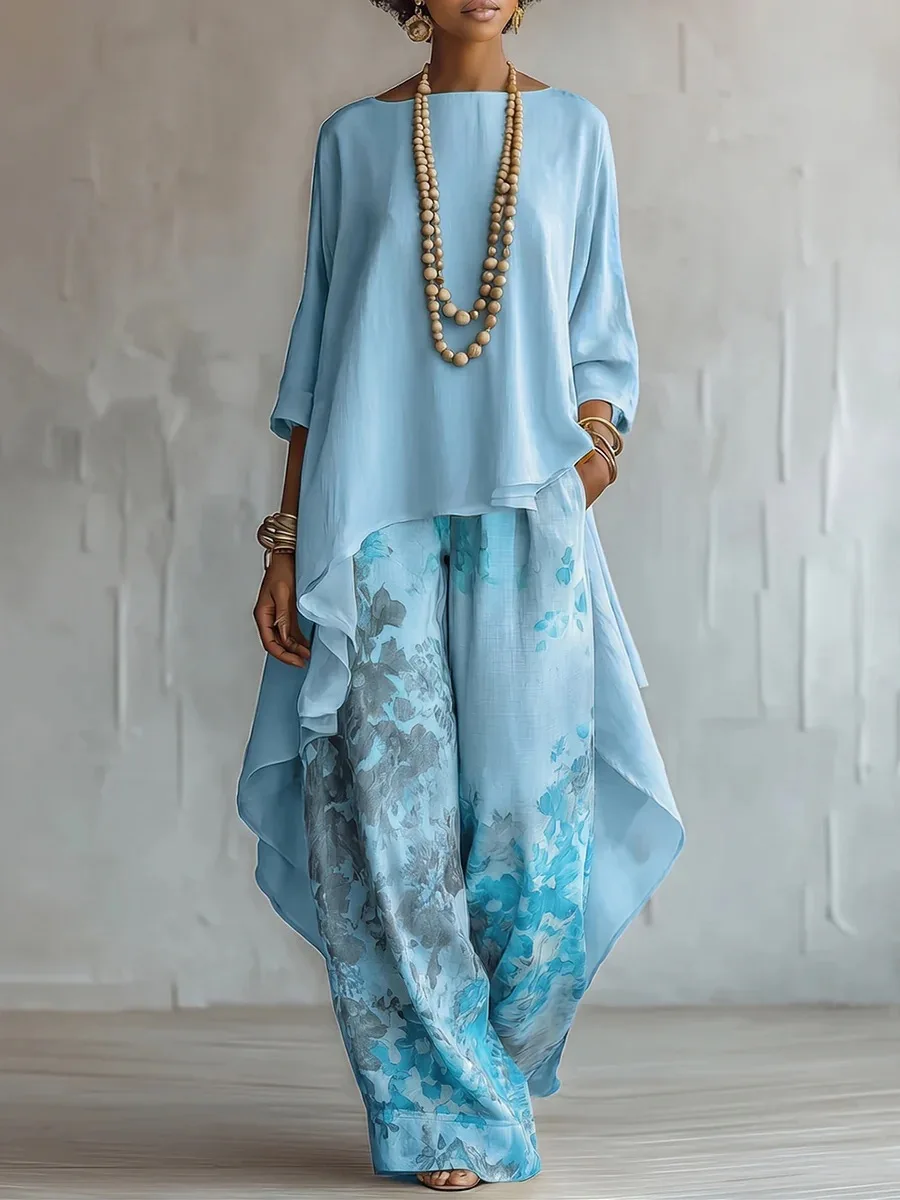 Casual Two Piece Set Loose O-neck 3/4 Sleeve Irregular Solid Color Extended Top Printed Wide Leg Pants Suit Fashion Commuting - Image 4