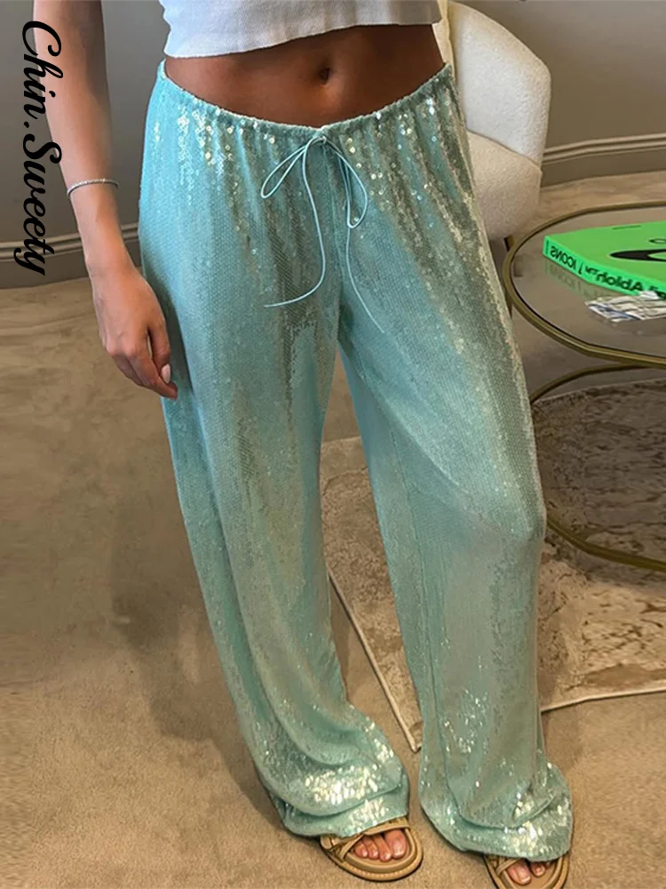 Chic Sequined Women's Trouser Mid-Waist Lace Up Lady Straight Mop Pants 2026 Summer Autumn Fashion Female Bottoms Vacation
