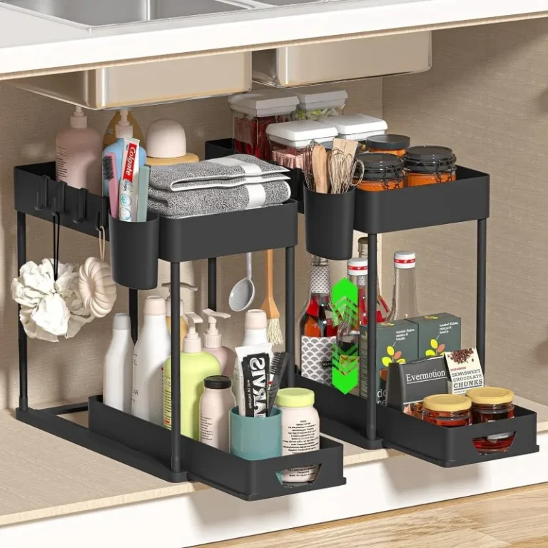 S4883f1df73824786bd867a1e64409e0c8.webp 2Tier Multi-function Kitchen Sink Organizer,Sliding Cabinet Basket with Hooks Hanging Cup-New Bathroom Kitchen Space-Saving Rack