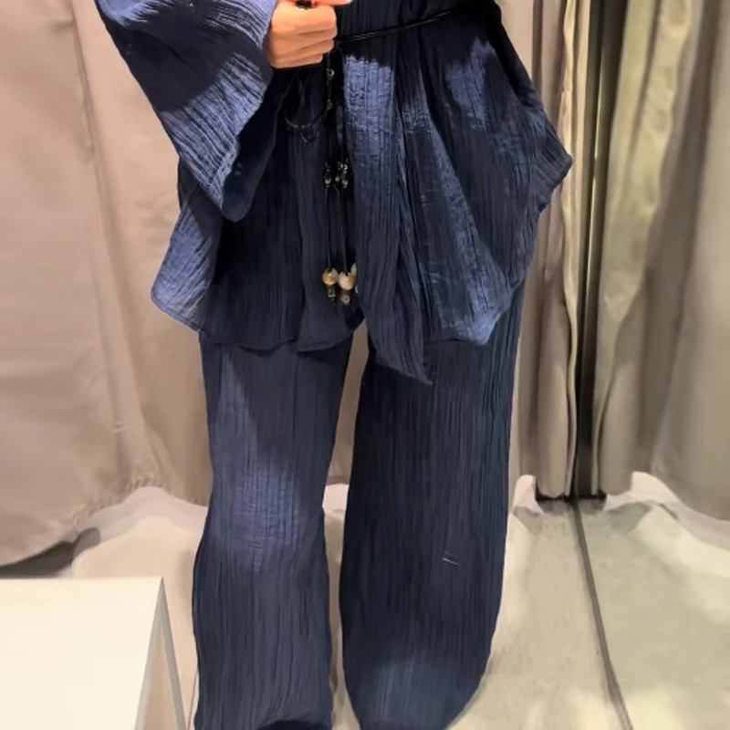Sheer Striped V-Neck Wrap Loungewear Set with Belt Kimono Sleeve Wrap Wide-Leg Pants 2026 Summer Casual Women Loungewear Outfits - Image 10